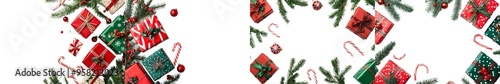 This Christmas composition contains gifts, fir tree branches, red decorations on a white background. It is suitable for Christmas, winter, and new year concepts. Flat lay, top view, copy space is