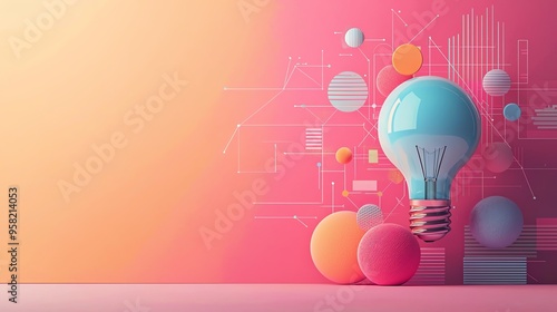 Creative light bulb on a pink abstract background with geometric shapes, representing ideas and innovation.