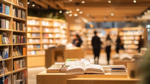 Cozy Bookstore Haven in the Shopping Mall: Blurred Readers in Warm Wooden Tones