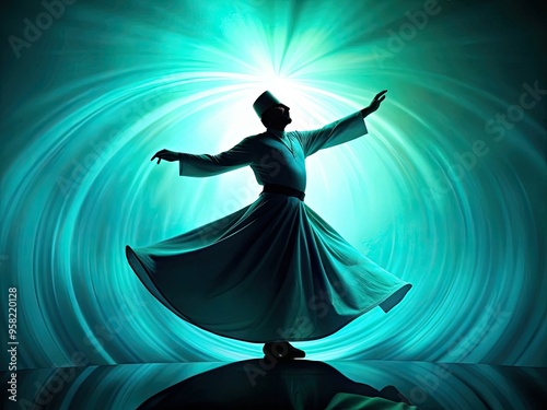 whirling dervish silhouette against vibrant turquoise background with dramatic shadows and soft focus effect conveying mystical ecstasy and freedom