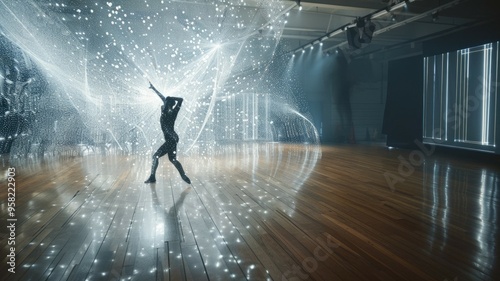 An AI assistant as a constellation of light particles inspires a choreographer in a dance studio, projecting motion paths and rhythm patterns. AIG60