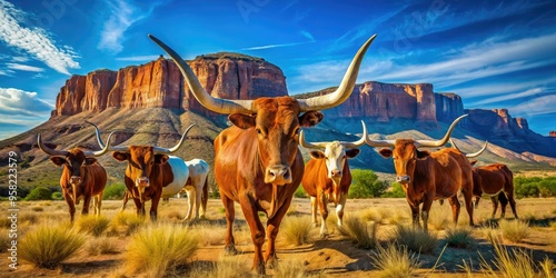 SouthwesternDesertVibrance bold longhorns against bright turquoise and orange rock formations under clear blue sky with vivid saturation