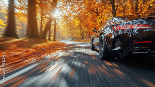 A powerful black sports car races down a scenic road, flanked by trees adorned with colorful autumn leaves, basking in the warm afternoon sunlight