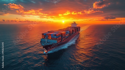 Cargo Ship Sailing at Sunset