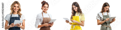 On transparency background, a young woman in an apron is holding a digital tablet, smiling and looking at something