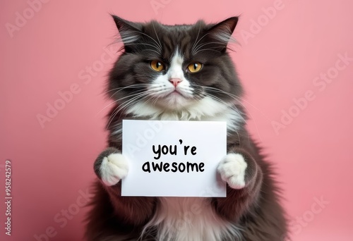 Compliment, congratulations and praise message. Cat holding banner with text " you are awesome ". Pink background. Expression of gratefulness, motivation, appreciation.