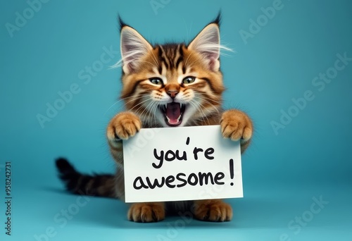 Compliment, congratulations and praise message. Funny cat cub holding in his feet a text note " you are awesome ". Expression of gratefulness, motivation, appreciation.