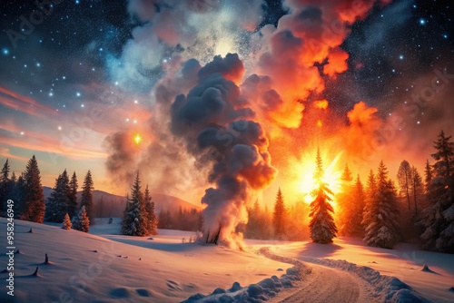 dramatic portentous mood of fiery red light enveloping desolate winter landscape with snowflakes melting into steam amidst flickering warm flares and smoke