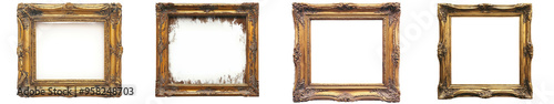 Golden rectangular wooden painting frame with antique ornaments. Full transparent PNG file.