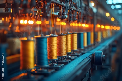 Industrial Sewing Machine with Yellow and Blue Thread Spools - Photo