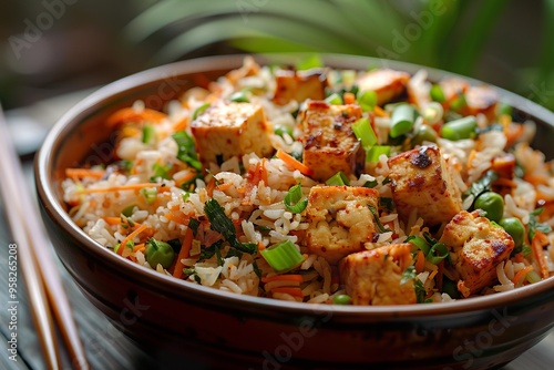 Flavorful Szechuan paneer fried rice paired with chopsticks