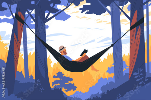 Man relaxing in hammock reading book in forest peaceful outdoor scene with trees and foliage colorful landscape