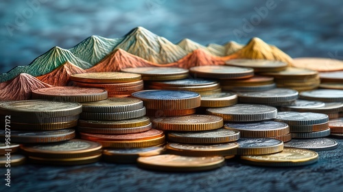 vast collection of stacked coins variety of currencies and denominations creating mountainlike formations symbolizing wealth and financial success