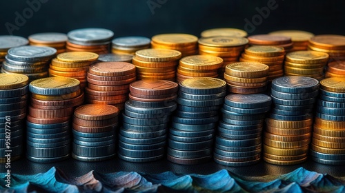 vast collection of stacked coins variety of currencies and denominations creating mountainlike formations symbolizing wealth and financial success