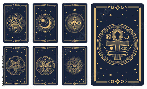 Tarot cards covers with magic esoteric signs and mystic occult symbols, vector reverse decks design. Tarot cards with esoteric magic symbols of sun and stars, Ankh cross and mason pyramid in pentagram