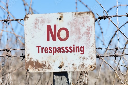 Rusty No Trespassing Sign with Barbed Wire