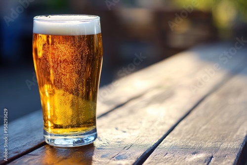 Golden beer with frothy head on wooden table outdoors