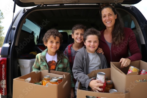 Family volunteering at food bank