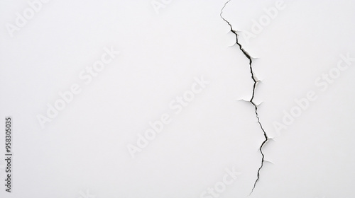 A stark image featuring a thin, dark crack running vertically down a smooth, white wall. The crack extends from the top to the bottom of the frame, creating a sense of tension and disruption. The