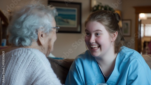 A home health care worker assists an elderly woman in her home 