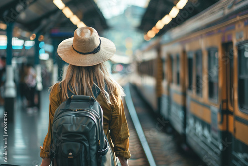 Planning traveling trip person with baggage at airport bus train station, Generative AI photo