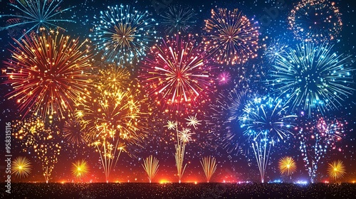 A mesmerizing display of multiple colorful fireworks illuminating the night sky, featuring array of well-coordinated bursts and an incredible spectrum of hues.