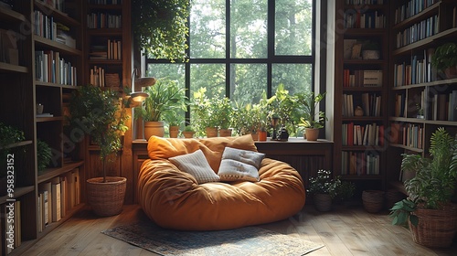 A cozy nook in a loft living room featuring a plush armchair, warm ambient lighting, and a large wooden bookshelf filled with books,