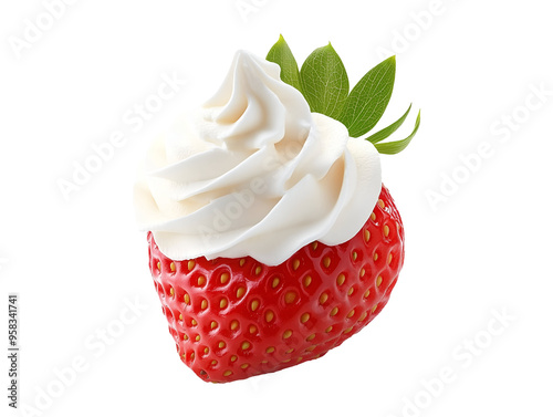 Strawberry with whipped cream isolated on transparent or white background