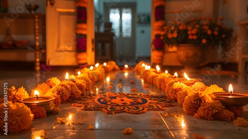 Diwali Celebration: Glowing Marigold Flowers and Bright Candles Adorning an Indian Home