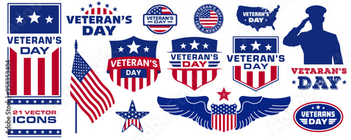 Veterans day icon set. Flat style.