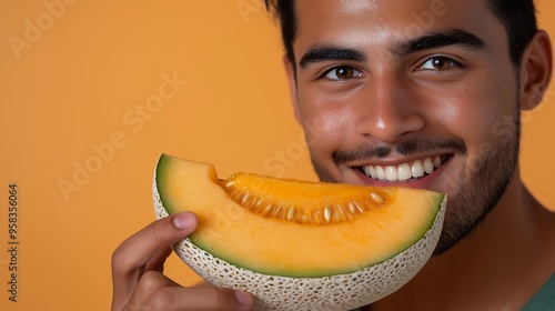 A young Latino man smiles while holding a slice of cantaloupe close to his mouth against a light orange background