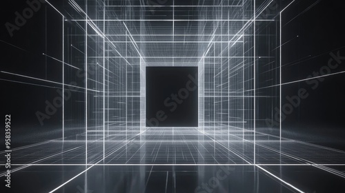 3D rendering of an empty futuristic digital wall box set against a grey black background featuring a white grid space line surface depicting network cyber technology elements