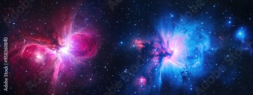 3D cartoon rendering showcasing the Running Man Nebula NGC1977 left and the Orion Nebula Messier M42 two diffuse nebulas located south of Orion s belt in the constellation of Orion with a total ex