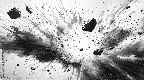 Illustration of abstract comic action with speedy lines, motion elements, and isolated bursts and explosions on a white background