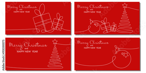 Vector set of continuous line greeting cards of new year and xmas tree, ball, gift box. Merry Christmas concept