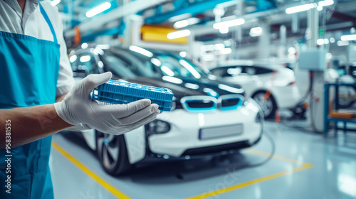 A worker wearing protective gear is holding a high-tech power pack in an electric car factory workshop, surrounded by cutting-edge machinery and tools, showcasing advances in automotive technology.