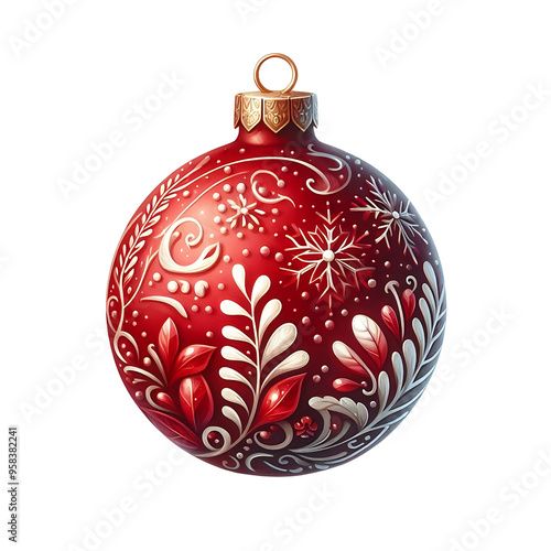 Red Christmas ornament with snowflake and white floral swirl design. Watercolor cut out illustration for festive decoration and holiday design.