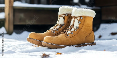 Brown winter boots on snowy ground.