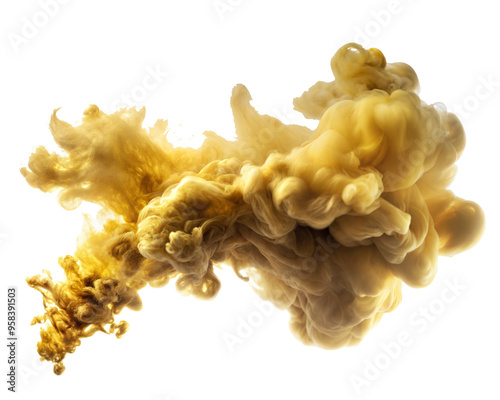 Abstract gold ink smoke, gold cloud cut out. Isolated on Transparent background. Copy space.