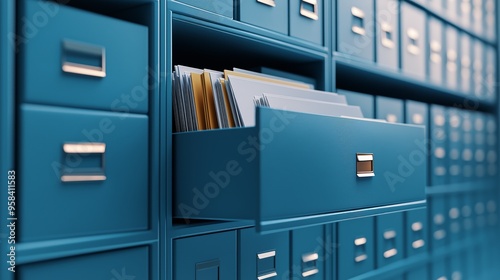 Open drawer of the filing cabinet, storage of documents and paper records