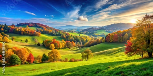 Lush meadow scenery with rolling hills, vibrant foliage, and a clear sky , land, harvest, horizon, poster, graphic, ecology, rural