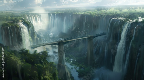 A view of the Victoria Falls Bridge spanning the Zambezi River, with the powerful waterfall as a dramatic backdrop