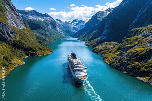 A large cruise ship glides through the breathtaking, narrow fjord, surrounded by towering mountains, sparkling blue waters, and clear skies, evoking a sense of adventure.