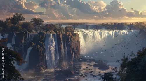 A view of the Victoria Falls Bridge spanning the Zambezi River, with the powerful waterfall as a dramatic backdrop