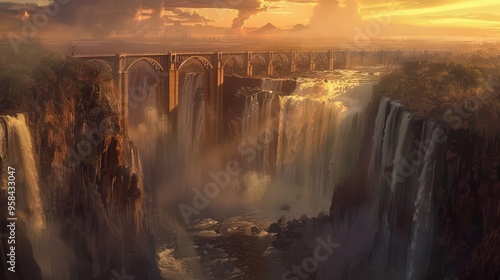 A view of the Victoria Falls Bridge spanning the Zambezi River, with the powerful waterfall as a dramatic backdrop