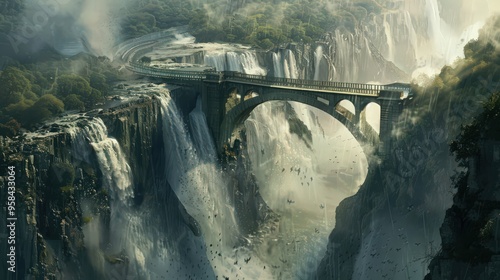 A view of the Victoria Falls Bridge spanning the Zambezi River, with the powerful waterfall as a dramatic backdrop