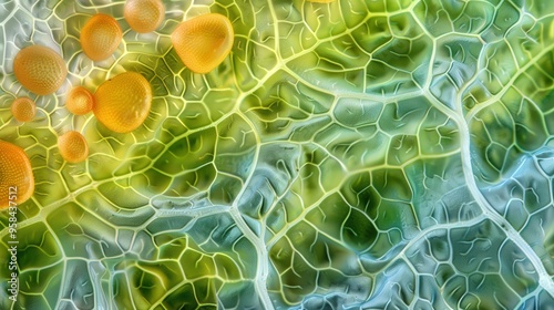 Close-up of a leaf's palisade and spongy mesophyll layers, the primary sites of photosynthesis in plants