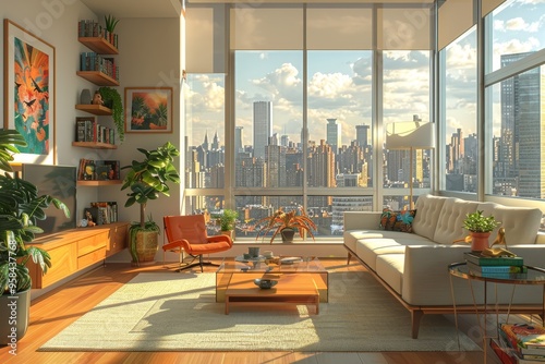 A cozy living room with large windows overlooking a city skyline. Sunlight streams through the windows, illuminating the space.