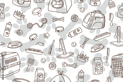 Seamless pattern of hand drawn pet shop assortment in doodle style. Vector illustration