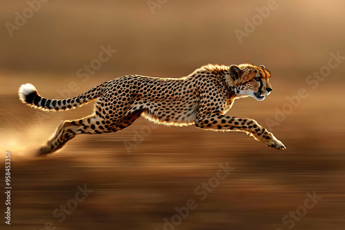 A blur of speed and grace: A cheetah sprints across the savanna, its powerful muscles propelling it forward, leaving a trail of dust in its wake.